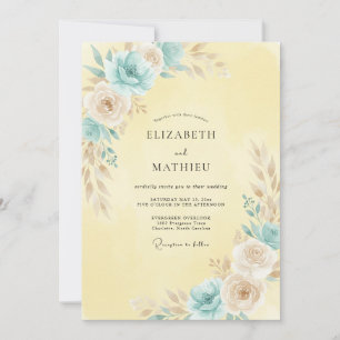 Invitation Mariage aux Ranunculus Aqua et Eucalyptus Jaune Pâ
