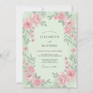 Invitation Mariage aux Ranunculus Rose Poussiéreux Menthe Euc