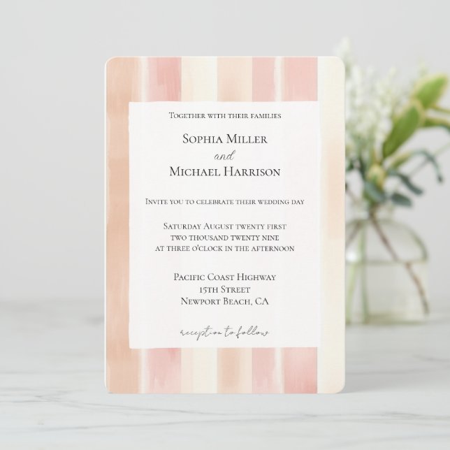 Invitation Mariage aux rayures roses pêche et crème (Debout devant)