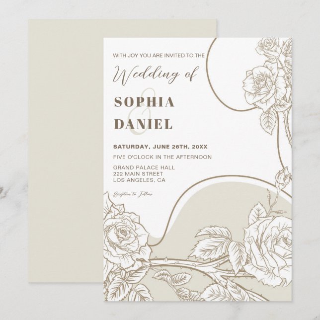 Invitation Mariage aux Roses Blanches et Beige (Devant / Derrière)