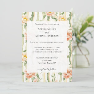 Invitation Mariage aux Roses Menthe Pêche Rayures Florales