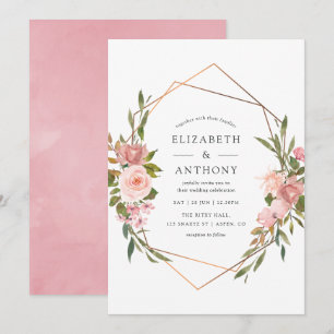 Invitation Mariage aux Roses Roses Gold Géométrique Aquarelle