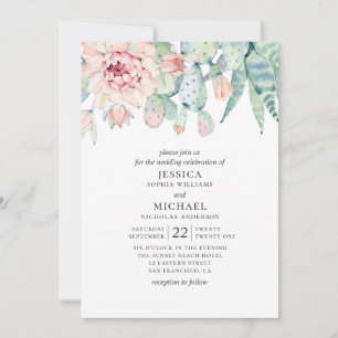 Invitation Mariage aux succulentes aquarelle. Cactus floral r