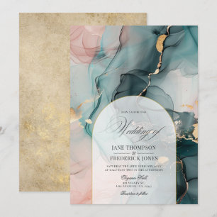 Invitation Mariage aux Tourbillons d'Encre Rose et Sarcelle e