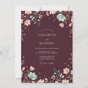 Invitation Mariage aux vignes aqua et Bourgogne