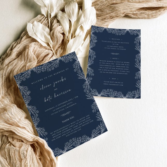 Invitation Mariage avant et arrière bleu de la marine florale (Créateur téléchargé)