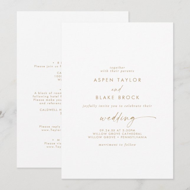 Invitation Mariage avant et arrière du script or moderne (Devant / Derrière)