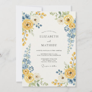 Invitation Mariage avec accent floral bleu jaune