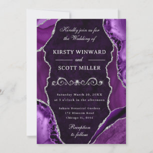 Invitation Mariage avec agate et billes pailletées violet et 