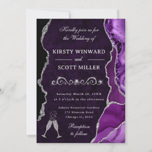 Invitation Mariage avec agate et billes pailletées violet et 