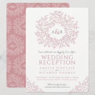 Invitation Mariage avec art de monogramme de feuille rose blu