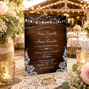 Invitation Mariage avec Bois Rustique et Guirlandes de Lumièr