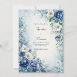 Invitation Mariage avec bordure aquarelle brumeuse indigo ros
