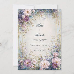 Invitation Mariage avec Bordure Dorée Indigo Lavande Étincela