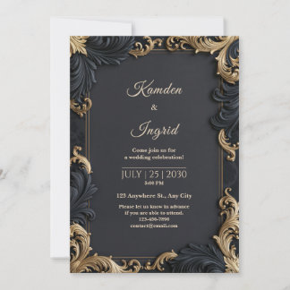 Invitation Mariage avec Bordure Filigrane Dorée de Minuit