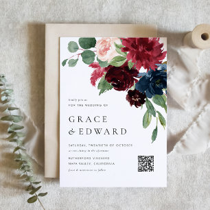 Invitation Mariage avec code QR botanique Burgundy et bleu ma