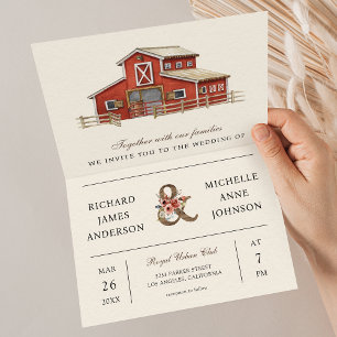 Invitation Mariage avec code QR de grange rouge rustique à la