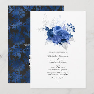 Invitation Mariage avec code QR de réponse florale bleu royal