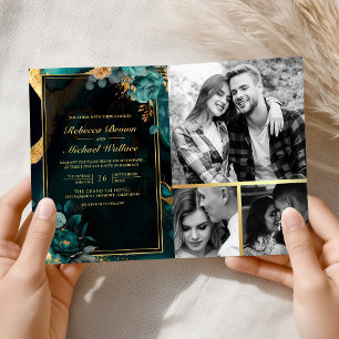 Invitation Mariage avec code QR en marbre floral or sarcelle