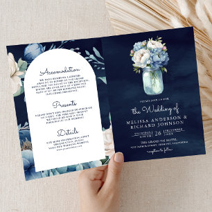 Invitation Mariage avec code QR en pot Mason de pivoine bleu 