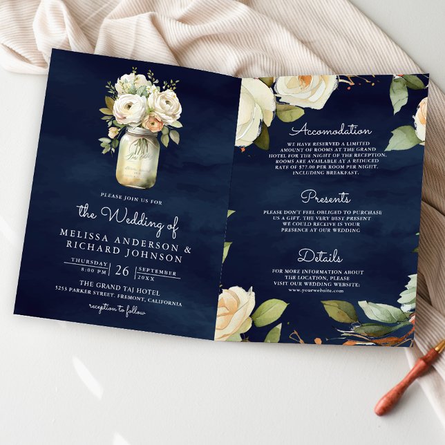 Invitation Mariage avec code QR en pot Mason Roses blanches e (Créateur téléchargé)