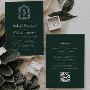 Invitation Mariage avec code QR et blason monogramme vert for