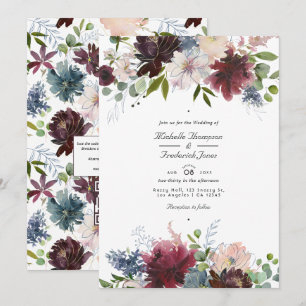 Invitation Mariage avec code QR floral bordeaux, marine et ro