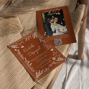 Invitation Mariage avec code QR photo en terre cuite orange f