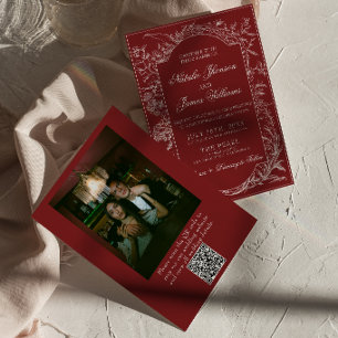 Invitation Mariage avec code QR photo floral bordeaux élégant