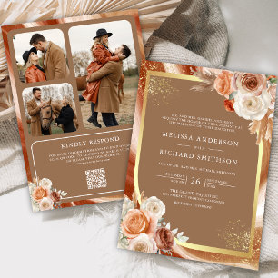 Invitation Mariage avec code QR photo or beige floral terraco
