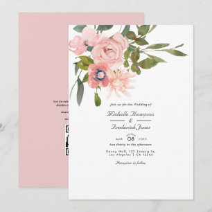 Invitation Mariage avec code QR RSVP Fleurs Rose Tendresse