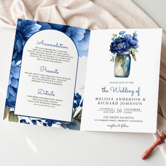 Invitation Mariage avec code QR sur pot Mason floral bleu roy (Créateur téléchargé)