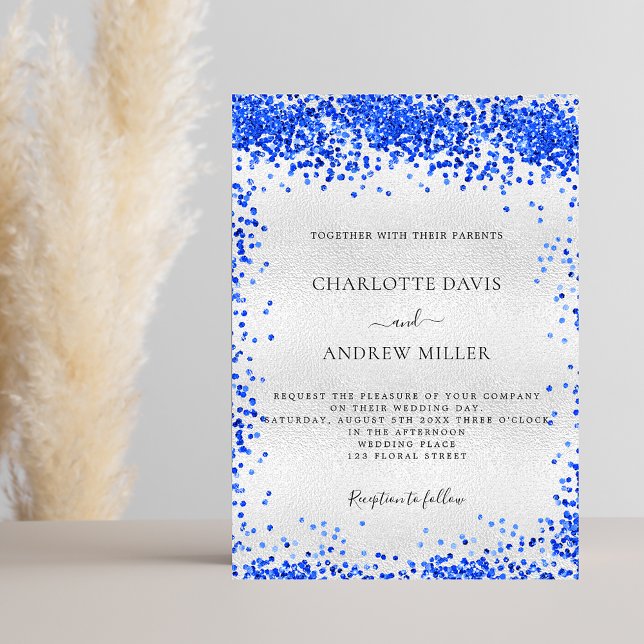 Invitation Mariage avec confettis bleu royal argentés (Créateur téléchargé)