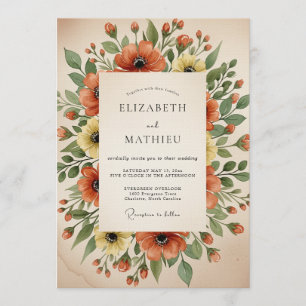 Invitation Mariage avec des Pavots Orange et des Fleurs Peint
