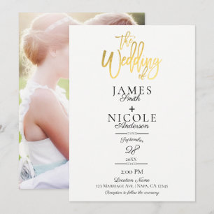 Invitation Mariage avec dos de photo complet en feuille d'or 