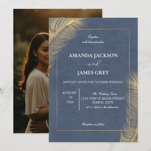 Invitation Mariage avec dos photo botanique or bleu poussiére