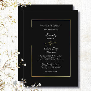 Invitation Mariage avec Fond Noir et Bordure de Cadre en Or B