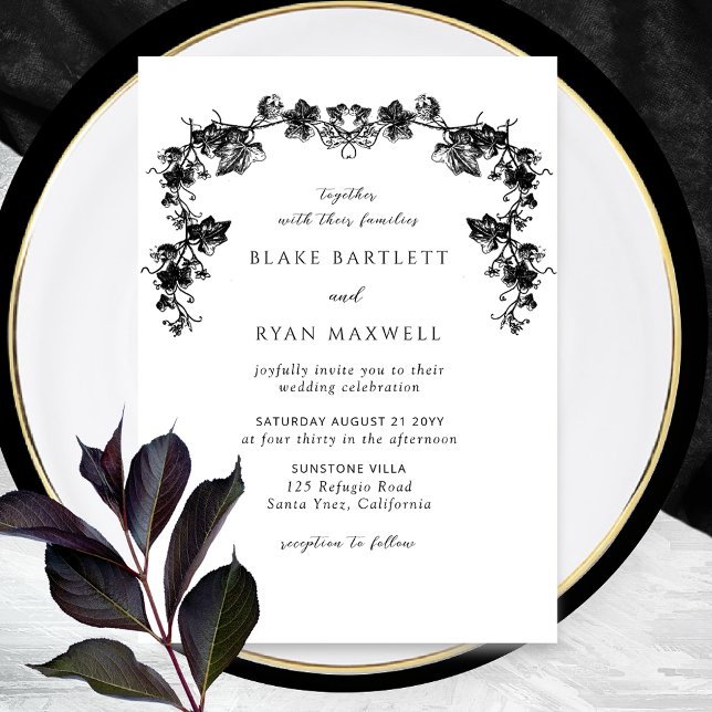 Invitation Mariage avec guirlandes noires élégantes et ensorc (Créateur téléchargé)