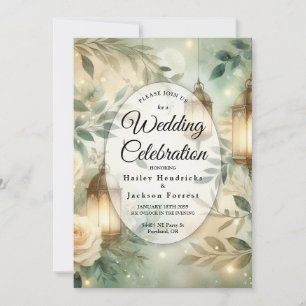 Invitation Mariage avec Lanterne Rose d'Ivoire et Vert Sauge