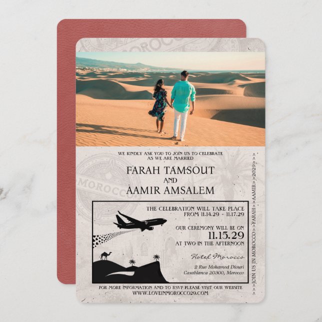 Invitation Mariage avec Passeport Maroc Brun (Devant / Derrière)