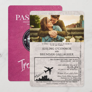 Invitation Mariage avec passeport rose magenta Irlande