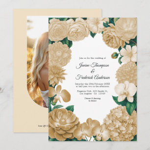 Invitation Mariage avec photo florale Champagne et code QR