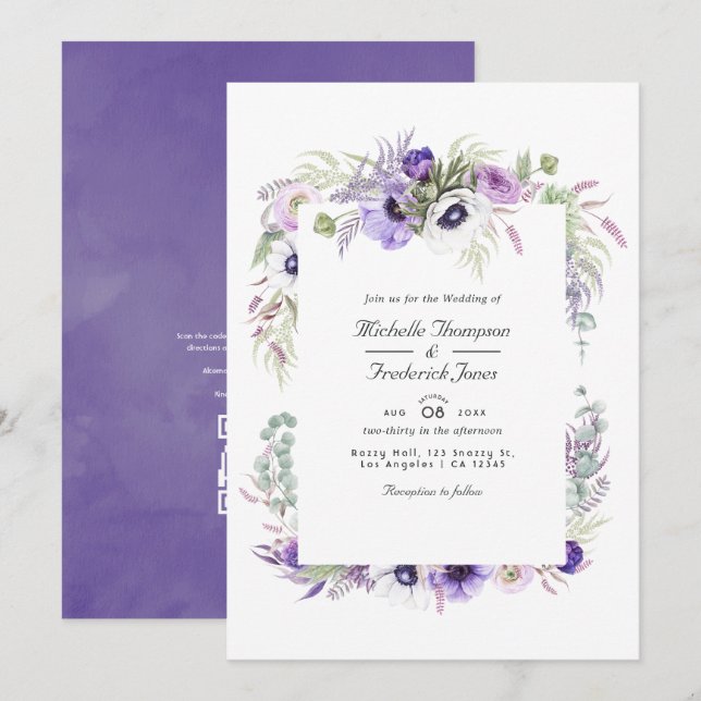 Invitation Mariage avec réponse QR Code Fleur Violet Poussiér (Devant / Derrière)