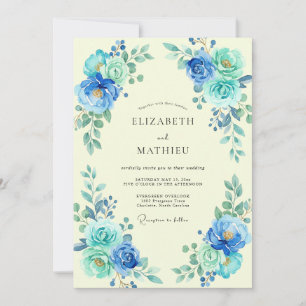 Invitation Mariage Azur Ranunculus Céruléen Eucalyptus