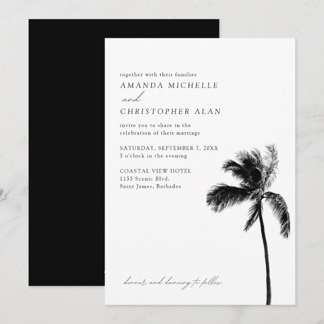 Invitation Mariage barbadien Noir & Blanc Palmier Arbre Éléga (Devant / Derrière)