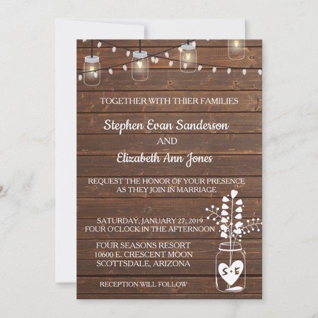 Invitation Mariage Barn Mason Jar Classic Wood Lumières rusti (Devant)