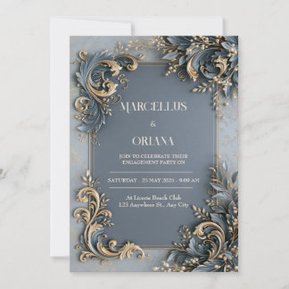 Invitation Mariage baroque en or et bleu ardoise