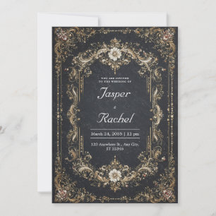 Invitation Mariage baroque floral blanc or noir opulent