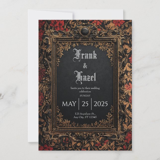 Invitation Mariage baroque victorien noir et or (Devant)
