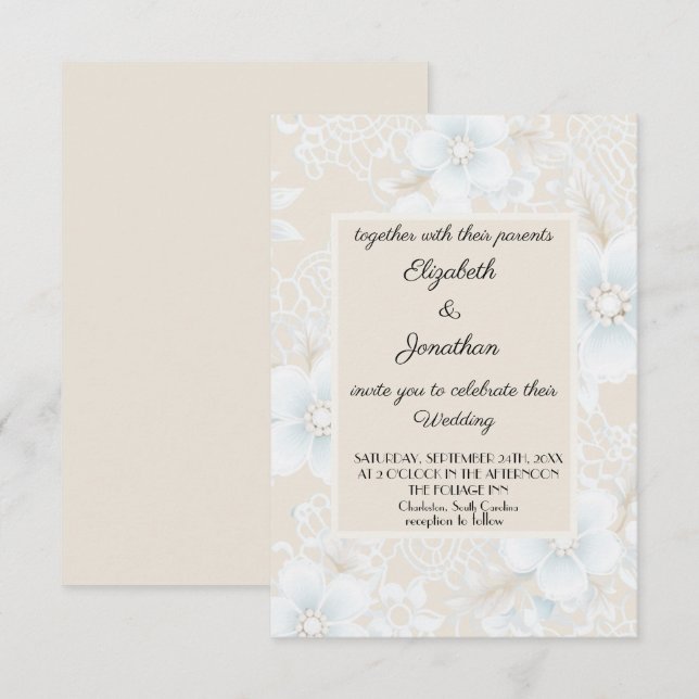 Invitation Mariage beige bleu motif dentelle (Devant / Derrière)